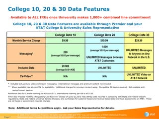 College 10, 20 & 30 Data Features Page  College 10, 20 & 30 Data Features are available through Premier and your AT&T College & University Sales Representative Note:  Additional terms & conditions apply.  Ask your Sales Representative for details. Available to ALL IRUs once University makes 1,000+ combined line commitment *  Includes text, picture, video and instant messaging.  International messages and premium content not included. **  Where available; see att.com/CV for availability.  Additional charges for premium content apply.  Compatible 3G device required.  Not available with  LaptopConnect devices. Additional data for Canada roaming per KB is $0.015; international roaming per KB is $0.0195. AT&T also imposes monthly a Regulatory Cost Recovery Charge of up to $1.25 to help defray costs incurred in complying with State and Federal telecom regulations; State and Federal Universal Service Charges; and surcharges for customer-based and revenue-based state and local assessments on AT&T.  These are not taxes or government-required charges. 