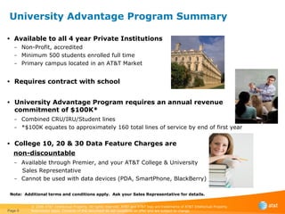 University Advantage Program Summary Available to all 4 year Private Institutions Non-Profit, accredited Minimum 500 students enrolled full time Primary campus located in an AT&T Market Requires contract with school   University Advantage Program requires an annual revenue commitment of $100K* Combined CRU/IRU/Student lines *$100K equates to approximately 160 total lines of service by end of first year College 10, 20 & 30 Data Feature Charges are non-discountable Available through Premier, and your AT&T College & University Sales Representative Cannot be used with data devices (PDA, SmartPhone, BlackBerry) Page  Note:  Additional terms and conditions apply.  Ask your Sales Representative for details.  