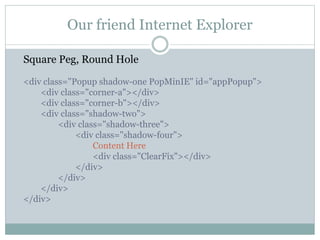 Our friend Internet Explorer
Square Peg, Round Hole
<div class="Popup shadow-one PopMinIE" id="appPopup">
<div class="corner-a"></div>
<div class="corner-b"></div>
<div class="shadow-two">
<div class="shadow-three">
<div class="shadow-four">
Content Here
<div class="ClearFix"></div>
</div>
</div>
</div>
</div>
 