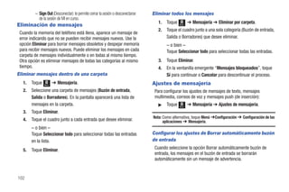 – Sign Out (Desconectar): le permite cerrar la sesión o desconectarse   Eliminar todos los mensajes
            de la sesión de MI en curso.
                                                                                     1.   Toque          ➔ Mensajería ➔ Eliminar por carpeta.
Eliminación de mensajes                                                                           Menú

                                                                                     2.   Toque el cuadro junto a una sola categoría (Buzón de entrada,
 Cuando la memoria del teléfono está llena, aparece un mensaje de
 error indicando que no se pueden recibir mensajes nuevos. Use la                         Salida o Borradores) que desee eliminar.
 opción Eliminar para borrar mensajes obsoletos y despejar memoria                        – o bien –
 para recibir mensajes nuevos. Puede eliminar los mensajes en cada                        Toque Seleccionar todo para seleccionar todas las entradas.
 carpeta de mensajes individualmente o en todas al mismo tiempo.
 Otra opción es eliminar mensajes de todas las categorías al mismo                   3.   Toque Eliminar.
 tiempo.                                                                             4.   En la ventanilla emergente “Mensajes bloqueados”, toque
Eliminar mensajes dentro de una carpeta                                                   Sí para continuar o Cancelar para descontinuar el proceso.
   1.   Toque   Menú
                       ➔ Mensajería.                                              Ajustes de mensajería
   2.   Seleccione una carpeta de mensajes (Buzón de entrada,                      Para configurar los ajustes de mensajes de texto, mensajes
        Salida o Borradores). En la pantalla aparecerá una lista de                multimedia, correos de voz y mensajes push (de inserción):
        mensajes en la carpeta.                                                      ᮣ    Toque   Menú
                                                                                                         ➔ Mensajería ➔ Ajustes de mensajería.
   3.   Toque Eliminar.
                                                                                  Nota: Como alternativa, toque Menú ➔Configuración ➔ Configuración de las
   4.   Toque el cuadro junto a cada entrada que desee eliminar.                        aplicaciones ➔ Mensajería.
        – o bien –
        Toque Seleccionar todo para seleccionar todas las entradas                Configurar los ajustes de Borrar automáticamente buzón
        en la lista.                                                              de entrada

   5.   Toque Eliminar.                                                            Cuando seleccione la opción Borrar automáticamente buzón de
                                                                                   entrada, los mensajes en el buzón de entrada se borrarán
                                                                                   automáticamente sin un mensaje de advertencia.


102
 