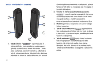 Vistas laterales del teléfono                                                 la llamada y enviarla directamente al correo de voz. Ajusta el
                                                                              tamaño del texto al leer un mensaje o al usar el navegador en
                                                                              la carpeta Aplicaciones.
                                                                         2.   Conector de interfaz para alimentación/accesorios:
                                                                              (           ) le permite conectar un cargador de viaje u otros
                                                                6             accesorios opcionales, tales como un cable USB/de datos o
      1
                                                                              un juego de audífono y micrófono para sostener
                                                                              conversaciones en forma conveniente con las manos libres.
                                                                5        3.   Micrófono: permite que las personas con quienes habla por
                                                                              teléfono le escuchen.
                                                                         4.   Tecla de cámara/videocámara: (           ) le permite tomar
                                                                              fotos o videos cuando el teléfono está en el modo de cámara
      2                                                         4             o videocámara. En el modo de espera, presiónela para iniciar
                                                                              la cámara o videocámara.
                                                                         5.   Tecla de multitareas: (        ) inicia el menú multitareas.
                                        3
                                                                              Este menú proporciona acceso fácil a algunas de las
     1.   Tecla de volumen: (               ) le permite ajustar el           funciones más comúnmente usadas, como: Llamar,
          volumen del timbre mientras está en el modo de espera o             Mensajería, Web móvil, Reproductor de música y Juegos.
          ajustar el volumen de la voz durante una llamada. Cuando            También puede finalizar todos los programas o aplicaciones
          reciba una llamada, presione brevemente un extremo de la            activos.
          tecla de volumen para silenciar el tono del timbre. Mantenga
          presionado un extremo de la tecla de volumen para rechazar

12
 