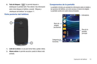 6.   Tecla de bloqueo: (        ) le permite bloquear o             Componentes de la pantalla
       desbloquear la pantalla táctil. Para obtener más información   La pantalla le brinda una variedad de información sobre el estado y
       sobre cómo bloquear el teléfono, consulte “Bloqueo y           las opciones del teléfono, así como acceso a la barra de widgets.
       desbloqueo del teléfono” en la página 17.                      La pantalla cuenta con cuatro áreas principales:

Vista posterior del teléfono                                                                                                   Indicadores



         1                                                                 Barra de
                                                                           widgets
                                                                          (accesorios)
                                                                                                                               Área de la
                                                                                                                               pantalla
                                                                                                                               principal


                                                                         Categorías de
                                                                         funciones          Marcar   Contactos     Menú
                                           2


  1.   Lente de la cámara: se usa para tomar fotos y grabar videos.
  2.   Altavoz externo: le permite escuchar cuando el altavoz está
       activado.


                                                                                                                 Explicación del teléfono    13
 