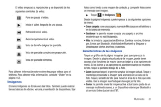 El video empezará a reproducirse y se dispondrá de los             fotos como fondo o una imagen de contacto, y compartir fotos como
       siguientes controles de video:                                     un mensaje con imagen.
                                                                            ᮣ    Toque   Menú
                                                                                                ➔ Imágenes       .
                 Pone en pausa el video.
                                                                          Desde la página Imágenes puede ingresar a las siguientes opciones
                                                                          de menú:
                 Inicia el video después de una pausa.
                                                                          • Crear carpeta: cree una carpeta nueva de Mis cosas en el teléfono o
                                                                            en la tarjeta de memoria.
                 Retrocede en el video.
                                                                          • Gestionar: le permite mover o copiar una carpeta o archivo
                                                                            existente que no esté bloqueado.
                 Avanza rápidamente el video.                             • Más: le brinda la capacidad de Eliminar, Cambiar nombre, Ordenar
                                                                            por, Enviar por Bluetooth, Visibilidad de Bluetooth y Bloquear o
                 Vista de tamaño original de pantalla.
         x1                                                                 Desbloquear ciertos archivos o carpetas.
                                                                         Características de las imágenes
                 Vista de pantalla completa en proporción.
                                                                          Toque un gráfico de la página Imágenes para que aparezca la
                 Vista de pantalla completa.                              imagen. Desde la página visualizadora de imagen, puede tener
                                                                          acceso a las funciones de macro (acercar/alejar) y a las opciones de
                                                                          menú. Si los iconos y las opciones no aparecen cuando se muestra
                                                                          la foto, toque la pantalla debajo de la foto.
Para obtener información sobre cómo descargar videos para el              • Zoom (acercar/alejar): le permite ampliar la imagen actual. Toque y
teléfono, Para obtener más información, consulte “Video” en la              mantenga presionada la imagen para acercarla en un área de la
página 152.                                                                 foto. Toque y arrastre la foto para mover el área de la foto que está
Imágenes                                                                    visible. Use la imagen insertada para navegar por la foto.
                                                                          • Enviar: le permite enviar la imagen activa actual como parte de un
El menú Imágenes es donde verá las fotos. También puede realizar            mensaje multimedia nuevo, a un dispositivo externo por Bluetooth o
tareas básicas de edición, ver una presentación de diapositivas, fijar      al servicio Online Locker de AT&T.


                                                                                                                               Multimedia     81
 