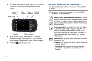 4.   Si lo desea, antes de tomar la foto, puede tocar los iconos en   Opciones de la cámara y videocámara
          pantalla para tener acceso a las varias opciones de la           Las opciones están representadas por iconos en ambos lados de
          cámara.                                                          la pantalla.

             Imagen en       Fotos       Fotos     Tecla de                Nota: Las opciones desaparecerán después de unos segundos. Toque la
             pantalla        tomadas     restantes cámara                        pantalla para que vuelvan a aparecer.

     Modo actual
                                                                                    Modo de cámara, videocámara, video compartido: le permite
                                                                                    tomar una foto o grabar un video. Una vez que cambie el modo,
                                                                                    el indicador correspondiente aparecerá en la parte superior
                                                                                    izquierda de la pantalla. Elija entre Cámara, Videocámara o
                                                                                    Video compartido.
                                                                                    Modo de grabación: le permite definir el modo de grabación
                                                                                    en: Normal (limitado sólo por el espacio disponible en la
                                                                                    ubicación de destino), Límite de MMS (limitado por las
                                                                                    restricciones de tamaño de MMS) o Video compartido. (El
                Ajustes            Ajustes actuales                                 modo de grabación sólo está disponible en el modo de
     5.   Al ver una foto después de tomarla, toque y mantenga                      videocámara.)
          presionada la imagen para acercarla en un área de la misma.               Modo de disparo: le permite determinar el modo de captura.
          Puede ampliar la imagen hasta 2 veces su tamaño original.                 Las opciones son:
     6.   Presione        para regresar al visor.                                   • Sencillo: tome una sola foto y véala antes de regresar al
                                                                                      modo de captura.
                                                                                    • Continuo: tome una sucesión de fotos consecutivas
                                                                                      presionando y sosteniendo presionada la tecla de
                                                                                      cámara.



84
 