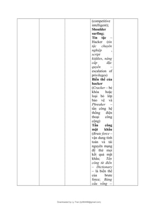 (competitive
intelligent);
Shoulder
surfing;
Tin tặc –
Hacker (tin
tặc chuyên
nghiệp ,
script
kiddies, nâng
cấp đặc
quyền –
escalation of
privileges)
Biến thể của
hacker
(Cracker – bẻ
khóa hoặc
loại bỏ lớp
bảo vệ và
Phreaker –
tấn công hệ
thống điện
thoại công
cộng)
Tấn công
mật khẩu
(Brute force –
vận dung tính
toán và tài
nguyên mạng
để thử mọi
kết quả mật
khẩu; Tấn
công từ điển
– Dictionary
– là biến thể
của brute
force; Bảng
cầu vồng –
Downloaded by Ly Tran (ly080498@gmail.com)
lOMoARcPSD|17633989
 