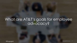 14
What are AT&T’s goals for employee
advocacy?
#EngageU
 