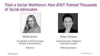 22
Train a Social Workforce: How AT&T Trained Thousands
of Social Advocates
#EngageU
Nicole Alvino
Co-founder & Chief Strategy
Officer at SocialChorus
@Nalvino
Nolan Carleton
Lead Consultant, Programs
Execution at At&T
@ParsleyCarleton
 