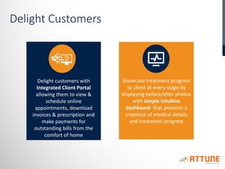 Delight Customers
Delight customers with
Integrated Client Portal
allowing them to view &
schedule online
appointments, download
invoices & prescription and
make payments for
outstanding bills from the
comfort of home
Showcase treatment progress
to client at every stage by
displaying before/after photos
with simple intuitive
dashboard that presents a
snapshot of medical details
and treatment progress
 