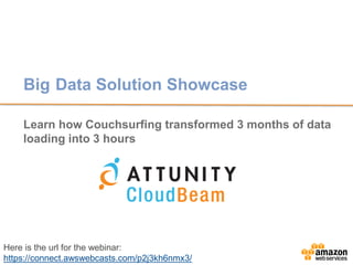 Big Data Solution Showcase 
Learn how Couchsurfing transformed 3 months of data 
loading into 3 hours 
Here is the url for the webinar: 
https://connect.awswebcasts.com/p2j3kh6nmx3/ 
 