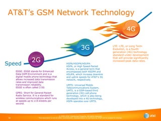 Speed 3G 4G 2G AT&T’s GSM Network Technology LTE: LTE, or Long Term Evolution, is a fourth generation (4G) technology standard under development that will provide significantly increased peak data rates. EDGE: EDGE stands for Enhanced Data GSM Environment and is a digital mobile phone technology that allows increased data transmission rates and improved data transmission reliability. EDGE is often called 2.5G GPRS: Short for General Packet Radio Service. It is a standard for wireless communications which runs at speeds up to 115 kilobits per second. HSPA/HSDPA/HSUPA:  HSPA, or High Speed Packet Access, is a general term that encompasses both HSDPA and HSUPA, which increase downlink and uplink speeds for AT&T’s 3G network, respectively. UMTS: Universal Mobile Telecommunications System, UMTS, is a GSM-based third generation (3G) cell phone technology, which is also being developed into a 4G technology, HSPA operates over UMTS. 