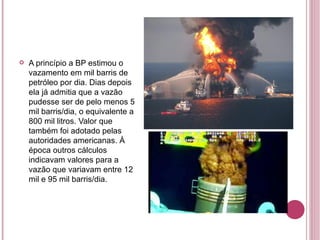 A princípio a BP estimou o vazamento em mil barris de petróleo por dia. Dias depois ela já admitia que a vazão pudesse ser de pelo menos 5 mil barris/dia, o equivalente a 800 mil litros. Valor que também foi adotado pelas autoridades americanas. À época outros cálculos indicavam valores para a vazão que variavam entre 12 mil e 95 mil barris/dia. 