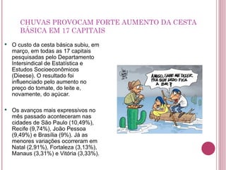 CHUVAS PROVOCAM FORTE AUMENTO DA CESTA BÁSICA EM 17 CAPITAIS O custo da cesta básica subiu, em março, em todas as 17 capitais pesquisadas pelo Departamento Intersindical de Estatística e Estudos Socioeconômicos (Dieese). O resultado foi influenciado pelo aumento no preço do tomate, do leite e, novamente, do açúcar. Os avanços mais expressivos no mês passado aconteceram nas cidades de São Paulo (10,49%), Recife (9,74%), João Pessoa (9,49%) e Brasília (9%). Já as menores variações ocorreram em Natal (2,91%), Fortaleza (3,13%), Manaus (3,31%) e Vitória (3,33%). 