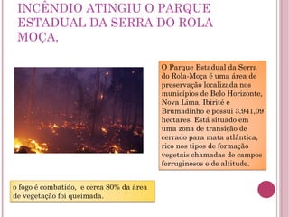 INCÊNDIO ATINGIU O PARQUE ESTADUAL DA SERRA DO ROLA MOÇA, O Parque Estadual da Serra do Rola-Moça é uma área de preservação localizada nos municípios de Belo Horizonte, Nova Lima, Ibirité e Brumadinho e possui 3.941,09 hectares. Está situado em uma zona de transição de cerrado para mata atlântica, rico nos tipos de formação vegetais chamadas de campos ferruginosos e de altitude. o fogo é combatido,  e cerca 80% da área de vegetação foi queimada. 