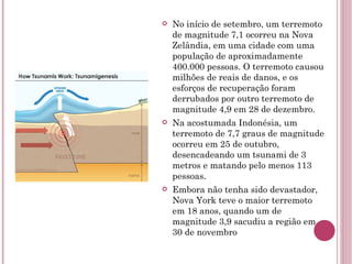 No início de setembro, um terremoto de magnitude 7,1 ocorreu na Nova Zelândia, em uma cidade com uma população de aproximadamente 400.000 pessoas. O terremoto causou milhões de reais de danos, e os esforços de recuperação foram derrubados por outro terremoto de magnitude 4,9 em 28 de dezembro. Na acostumada Indonésia, um terremoto de 7,7 graus de magnitude ocorreu em 25 de outubro, desencadeando um tsunami de 3 metros e matando pelo menos 113 pessoas. Embora não tenha sido devastador, Nova York teve o maior terremoto em 18 anos, quando um de magnitude 3,9 sacudiu a região em 30 de novembro 