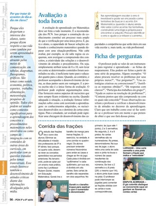 Portuguesa
              Língua


                                  Por que tratar de
                                  assuntos do dia-a-                      Avaliação a                                                   Na aprendizagem escolar o erro é
                                                                                                                                        inevitável e pode ser encarado como
Pluralidade




                                  dia em classe?
                                                                          toda hora
  Cultural




                                                                                                                                        tentativa de buscar o acerto. Em




                                                                                                                                 Dica
                                                                                                                                        Matemática, quando o aluno ainda
                                                                              A avaliação do aprendizado em Matemática                  não sabe como acertar, faz tentativas,
                                  Porque eles
                                                                          deve ser feita a todo momento. É a recomenda-                 construindo uma lógica própria para
                                  despertam o                                                                                           encontrar a solução. Procure identificar
   Geografia




                                  interesse dos                           ção dos PCN. Isso porque a construção do co-
                                                                                                                                        o erro e ajude-o a refazer o caminho.
                                  alunos, tanto                           nhecimento constitui um processo mais amplo
                                                                          do que a verificação por uma única prova. É, pa-
                                  porque dizem
                                                                          ra o aluno, a capacidade de buscar soluções uti-       pacidades e competências que serão úteis em sua
                                  respeito a sua vida                     lizando o conhecimento matemático quando de-           vida escolar e, mais tarde, na vida profissional.
Ambiente




                                  como também por                         parar com uma situação-problema. Não cabe
  Meio




                                  ?
                                  serem apresentados                      avaliar, por exemplo, se ele sabe regras ou es-
                                  de maneira                              quemas, sem averiguar a compreensão dos con-           Ficha de perguntas
                                  atraente pelos                          ceitos, a criatividade das soluções e o desenvol-
                                  meios de
Naturais
Ciências




                                                                          vimento de atitudes e procedimentos. Ou seja,              O professor pode se valer de um instrumen-
                                  comunicação, em                         simplesmente atribuir notas de 0 a 10, sem levar       to para registrar o aprendizado – as fichas de
                                  tabelas, diagramas,                     em conta se determinados conteúdos foram assi-         mapeamento. Elas podem ser feitas a partir de
                                  fluxogramas,                            milados ou não, é ineficiente tanto para o educa-      uma série de perguntas. Alguns exemplos: “O
                                  gráficos. São                           dor quanto para o aluno. Quando, ao contrário, o       aluno procura resolver os problemas por seus
Saúde




                                  temas como saúde,                       professor acompanha o desenvolvimento da tur-          próprios meios?”, “Faz perguntas?”, “Usa es-
                                                                          ma, as duas partes saem em vantagem. E a pro-          tratégias criativas ou convencionais?”, “Justifi-
                                  economia, política,
                                                                          va escrita não é a única forma de avaliação. O         ca as respostas obtidas?”, “Dá respostas com
                                  esportes, trabalho,                     professor pode explorar argumentações orais.           clareza?”, “Participa dos trabalhos em grupo?”,
Orientação




                                  alimentação,                            Elas fornecem outros aspectos de raciocínio que        “Ajuda os outros na resolução de problemas?”,
  Sexual




                                  meteorologia,                           nem sempre ficam evidentes na escrita. Quando          “Contesta pontos que não compreende ou com
                                  pesquisas de                            adequada à situação, a avaliação fornece infor-        os quais não concorda?” Essas observações au-
                                  opinião. Todos eles                     mações sobre como está ocorrendo a aprendiza-          xiliam o professor a verificar o desenvolvimen-
                                  podem ser usados                        gem: os conhecimentos adquiridos, os raciocí-          to de atitudes no decorrer da aprendizagem.
Ética




                                  como contextos                          nios desenvolvidos ou o domínio de certas estra-       Claro que um trabalho como esse só faz senti-
                                  significativos para                     tégias. Para o estudante, ser avaliado pode signi-     do se o professor tem em mente o que preten-
                                  a aprendizagem dos                      ficar uma checagem do desenvolvimento das ca-          de obter e que uso fará dessas pistas.
                                  conceitos e
Arte




                                  procedimentos
                                  matemáticos neles                       Corrida das frações                                    primeiro: ás (que vale 1
                                                                                                                                 ponto), 2 e 3 vermelhos.
                                  envolvidos ou como                                                  baralho da manga para      No segundo, 2, 4 e 8
                                  campo de                                O      estudo das frações
                                                                                                      treinar frações. O         pretos. As cartas
Educação




                                                                                 tira o sono dos
  Física




                                  integração com os                       alunos. Eliminar as         exercício, na verdade, é   vermelhas são os
                                                                          dificuldades é missão       uma corrida no quadro-     numeradores. As pretas,
                                  conteúdos de                                                                                   denominadores. Na sua
                                                                          dos professores de 5ª e     negro. Os alunos
                                  outras áreas do                         6ª séries. Isso porque,     precisam entender          vez de jogar, o aluno
                                  currículo, em                                                                                                             LARGADA – Uma carta
                                                                          no quarto ciclo, devem-     números fracionários       retira uma carta de cada
 História




                                                                                                                                                            vermelha e uma preta
                                  particular com as                       se rever os conceitos       para andar as casas e      saco e pinta na lousa o    formam a fração que
                                  questões tratadas                       aprendidos nos períodos     chegar ao fim do jogo.     número de casas            indica a “velocidade”
                                                                          anteriores. No terceiro     Cada pista é dividida em   resultantes da
                                  pelos temas
                                                                          ciclo, pode-se optar por    “quilômetros” e cada       combinação dos
                     Matemática




                                  transversais. Esse                      um ensino mais prático,     quilômetro, por sua vez,   números. Se tirar o 2
                                  estudo favorece                         como faz o professor        é dividido em oito         vermelho e o 8 preto
                                  também o                                Rubem Gorski, mestre        partes. Seis cartas de     (2/8, o mesmo que 1/4),
                                  desenvolvimento de                      em Educação                 baralho são separadas      o aluno pinta duas casas
                                                                          Matemática. Gorski tira o   em dois saquinhos. No      na pista. O professor
 Consumo Estrangeira




                                  atitudes críticas
           Língua




                                                                                                                                 pode interromper as
                                  diante das
                                                           Jaques Faing




                                                                                                                                 jogadas para comentar      DISPUTA ACIRRADA –
                                  informações                                                           Gorski e o baralho:
                                                                                                                                 as frações obtidas com
                                                                                                                                                            O giz colorido distingue
                                                                                                        truque para explicar                                os concorrente sque só
                                  divulgadas pela                                                       o que é numerador        as cartas e suas           ganham se fizerem as
                                  mídia.
Trabalho e




                                                                                                        e denominador            correspondências.          contas certas


                                  56 - PCN 5ª a 8ª série
 