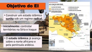 Objetivo do EI
• Inicialmente: controlar
territórios na Síria e Iraque
• Construir um estado islâmico
sunita sob um regime radical.
• O estado islâmico já avança
sobre o norte africano e
pela península arábica.
 