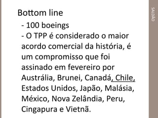 SALDÃO	
  
-­‐	
  100	
  boeings	
  
-­‐	
  O	
  TPP	
  é	
  considerado	
  o	
  maior	
  
acordo	
  comercial	
  da	
  história,	
  é	
  
um	
  compromisso	
  que	
  foi	
  
assinado	
  em	
  fevereiro	
  por	
  
Austrália,	
  Brunei,	
  Canadá,	
  Chile,	
  
Estados	
  Unidos,	
  Japão,	
  Malásia,	
  
México,	
  Nova	
  Zelândia,	
  Peru,	
  
Cingapura	
  e	
  Vietnã.	
  	
  
Boeom	
  line	
  
 