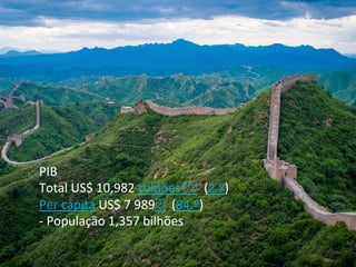 PIB	
  
Total	
  US$	
  10,982	
  trilhões*[1]	
  	
  (2.º)	
  	
  	
  
Per	
  capita	
  US$	
  7	
  989[1]	
  	
  (84.º)	
  
-­‐	
  População	
  1,357	
  bilhões	
  
 
