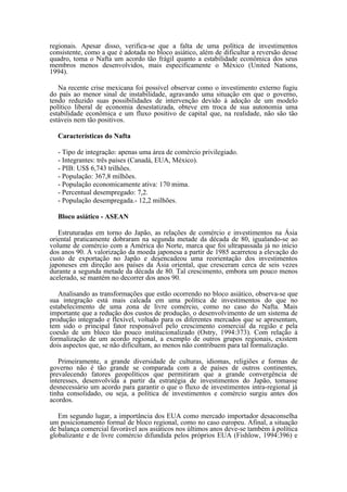 regionais. Apesar disso, verifica-se que a falta de uma política de investimentos
consistente, como a que é adotada no bloco asiático, além de dificultar a reversão desse
quadro, toma o Nafta um acordo tão frágil quanto a estabilidade econômica dos seus
membros menos desenvolvidos, mais especificamente o México (United Nations,
1994).

   Na recente crise mexicana foi possível observar como o investimento externo fugiu
do país ao menor sinal de instabilidade, agravando uma situação em que o governo,
tendo reduzido suas possibilidades de intervenção devido à adoção de um modelo
político liberal de economia desestatizada, obteve em troca de sua autonomia uma
estabilidade econômica e um fluxo positivo de capital que, na realidade, não são tão
estáveis nem tão positivos.

  Características do Nafta

  - Tipo de integração: apenas uma área de comércio privilegiado.
  - Integrantes: três países (Canadá, EUA, México).
  - PIB: US$ 6,743 trilhões.
  - População: 367,8 milhões.
  - População economicamente ativa: 170 mima.
  - Percentual desempregado: 7,2.
  - População desempregada.- 12,2 milhões.

  Bloco asiático - ASEAN

   Estruturadas em torno do Japão, as relações de comércio e investimentos na Ásia
oriental praticamente dobraram na segunda metade da década de 80, igualando-se ao
volume de comércio com a América do Norte, marca que foi ultrapassada já no início
dos anos 90. A valorização da moeda japonesa a partir de 1985 acarretou a elevação do
custo de exportação no Japão e desencadeou uma reorientação dos investimentos
japoneses em direção aos países da Ásia oriental, que cresceram cerca de seis vezes
durante a segunda metade da década de 80. Tal crescimento, embora um pouco menos
acelerado, se mantém no decorrer dos anos 90.

   Analisando as transformações que estão ocorrendo no bloco asiático, observa-se que
sua integração está mais calcada em uma política de investimentos do que no
estabelecimento de uma zona de livre comércio, como no caso do Nafta. Mais
importante que a redução dos custos de produção, o desenvolvimento de um sistema de
produção integrado e flexível, voltado para os diferentes mercados que se apresentam,
tem sido o principal fator responsável pelo crescimento comercial da região e pela
coesão de um bloco tão pouco institucionalizado (Ostry, 1994:373). Com relação à
formalização de um acordo regional, a exemplo de outros grupos regionais, existem
dois aspectos que, se não dificultam, ao menos não contribuem para tal formalização.

   Primeiramente, a grande diversidade de culturas, idiomas, religiões e formas de
governo não é tão grande se comparada com a de países de outros continentes,
prevalecendo fatores geopolíticos que permitiram que a grande convergência de
interesses, desenvolvida a partir da estratégia de investimentos do Japão, tomasse
desnecessário um acordo para garantir o que o fluxo de investimentos intra-regional já
tinha consolidado, ou seja, a política de investimentos e comércio surgiu antes dos
acordos.

   Em segundo lugar, a importância dos EUA como mercado importador desaconselha
um posicionamento formal de bloco regional, como no caso europeu. Afinal, a situação
de balança comercial favorável aos asiáticos nos últimos anos deve-se também à política
globalizante e de livre comércio difundida pelos próprios EUA (Fishlow, 1994:396) e
 