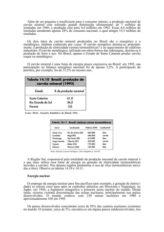 Além de ser pequena e insuficiente para o consumo interno, a produção nacional de
carvão mineral vem sofrendo grande diminuição ultimamente: de 7 milhões de
toneladas em 1986, a produção caiu para 4,4 milhões em 1992. Essas 4,4 milhões de
toneladas atenderam apenas 28% do consumo nacional, o qual atingiu 15,5 milhões de
toneladas.

   Os dois tipos de carvão mineral produzidos no Brasil são o energético e o
metalúrgico, também conhecido por coque. O carvão energético destina-se, principal-
mente, à produção de eletricidade (usinas termoelétricas? e ao aquecimento de caldeiras
industriais. O carvão metalúrgico, utilizado nos altos-fornos das siderurgias, destina-se à
produção de ferro e aço. No Brasil, apenas o Estado de Santa Catarina produz carvão
coque ou metalúrgico.

   O carvão mineral é uma fonte de energia pouco expressiva no Brasil: em 1993, sua
participação no balanço energético nacional foi de apenas 5,2%. A participação do
petróleo, por exemplo, foi de 31,5% no mesmo ano.




   A Região Sul, responsável pela totalidade da produção nacional de carvão mineral é
a que mais utiliza essa fonte de energia na geração de eletricidade (termoelétricas
movidas a carvão). Nas demais regiões predomina o uso do óleo (termoelétricas movi-
das a óleo). Observe as tabelas 14.10 e 14.11.

   Energia nuclear

   O emprego da energia nuclear para fins pacíficos (por exemplo, a geração de eletrici-
dade) se iniciou onze anos após as explosões atômicas em Hiroxima e Nagasáqui, no
Japão: em 1956, a Inglaterra inaugurava a primeira usina nuclear do mundo. Desde
então, ocorreu violenta disseminação das usinas nucleares, principalmente nos países
desenvolvidos. O mundo contava com 230 usinas nucleares em 1980 e
aproximadamente 430 em 1995.

   Os países desenvolvidos concentram cerca de 95% das centrais nucleares existentes
no mundo. O restante, cerca de 5%, encontra-se em alguns países subdesenvolvidos, tais
 