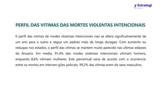 y Estrategi
W Concursos
PERFIL DAS VITIMAS DAS MORTES VIOLENTAS INTENCIONAIS
0 perfil das vitimas de modes vloientas Intencionais nao se altera significativemente de
um ano para o outro e segue um padrao mais de longa duragao. Com aumento ou
reduqao nos estados, o perfil das vitimas se mantem muito parecido nas ultimas edipoes
do Anuario. Em media, 91,4% das modes violentas intencionais vitimam homens,
enquanto 8,6% vitimam mulheres. Este percentual varia de acordo com a ocorrencia:
entre os mortos em interven-g5es policiais, 99,2% das vitimas eram do sexo masculino.
 