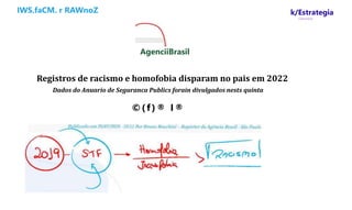 IWS.faCM. r RAWnoZ k/Estrategia
Concursos
AgenciiBrasil
Registros de racismo e homofobia disparam no pais em 2022
Dados do Anuario de Seguranca Publics forain divulgados nests quinta
©( f) ® I®
 