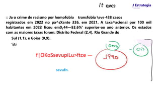 It QVC9 J Estrategia
* Concursos
□ Ja o crime de racismo por homofobia transfobia eve 488 casos
registrados em 2022 no pa^sXante 326, em 2021. A taxa^acional por 100 mil
habitantes em 2022 ficou em0T44—53,6%' superior-ao ano anterior. Os estados
com as maiores taxas foram: Distrito Federal (2,4), Rio Grande do
Sul (1,1), e Goias (0,9).
'str
f|OKoSsevupiLu>ftce —
sevufn.
 