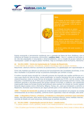 Nota
• O Tratado do Porto impõe a todos os
países- membros que o déficit público
não pode ultrapassar 3,5% ao ano a
partir de 1997.
• A inflação de todos os países-
membros deve ficar no máximo 1,5%
acima dos três países- membros com
menor inflação, no ano posterior à
avaliação.
• As taxas cambiais devem flutuar, no
prazo mínimo de dois anos, dentro das
bandas definidas pelo sistema monetário
europeu.
• A dívida pública não pode exceder a
60% do PIB.
Estava avançando o pensamento neoliberal, com o exemplo da Dama de Ferro Britânica, com a
influência do Estado na economia, diminuindo o welfare state – isto é, o estado do bem-estar so
de vida das populações e ressurgindo o etno/xenofobismo, com a criação de grupos radicais na
reconquistar o poder em alguns países- membros. Veja os exemplos atuais na Áustria, Alemanha e
d) 01/01/1993 – Início de implantação do Tratado de Maastricht.
* Livre trânsito de pessoas, mercadorias, capital e tecnologia entre os países- membros.
Resumindo: abertura interna e aumento do protecionismo. É a globalização com regionalização se
Como são medidas que alteram as estruturas de funcionamento das sociedades envolvidas, é nece
seus resultados e se possível corrigir as possíveis distorções que venham a surgir.
O melhor exemplo desta situação foi o elevado processo de migração das regiões periféricas em d
uma super-oferta de mão-de-obra, menos qualificada, no mesmo momento em que os países cen
urbano/industrial, onde as novas formas de produção, resultante da 3ª RTC, com as novas máquin
enquanto a transferência da 2º RTC para as periferias estavam percorrendo caminho inverso, este
acabaram gerando o recrudescimento dos grupos radicais na Europa, a violência, com assassinato
organizações ilegais da Europa Oriental aproveitaram para avançar em direção ao mundo capitalis
forçando alguns países como a Alemanha, Bélgica, França, etc., para que tomassem o caminho co
Maastricht, fechando suas fronteiras por algum período para o livre trânsito dos indivíduos da Uniã
1996 – Tratado de Amsterdã os países da União Européia concordaram em preparar as condiçõ
remanescentes do ex-bloco socialista, conforme forem superando a fase de transição; eles serão a
1998 – A República Tcheca, a Polônia, a Finlândia e a Eslovênia solicitam suas entradas
aceito, mas elas precisam, para serem aceitos como membros efetivos, tomar medidas internas, p
controle do Estado em suas economias, lembranças do período socialista.
e) 01/01/1999 – Implantação parcial do Euro – moeda única.
* 11 países adotam o Euro, portanto, ainda é uma moeda provisória e não existe a sua emissão, s
* Dos 15 países que formam a União Européia, a Suécia, Dinamarca, Reino Unido e Grécia não ad
 