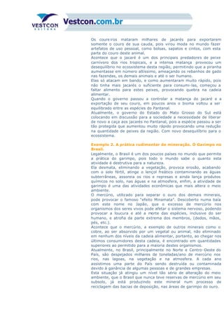 Os coure iros mataram milhares de jacarés para exportarem
somente o couro de sua cauda, pois virou moda no mundo fazer
artefatos de uso pessoal, como bolsas, sapatos e cintos, com esta
parte do couro deste animal.
Acontece que o jacaré é um dos principais predadores de peixe
carnívoro dos rios tropicais, e a intensa matança provocou um
desequilíbrio no ecossistema desta região, permitindo que a piranha
aumentasse em número altíssimo, ameaçando os rebanhos de gado
nas fazendas, os demais animais e até o ser humano.
Elas só atacam em bando, e como aumentaram muito rápido, pois
não tinha mais jacarés o suficiente para consumi-las, começou a
faltar alimento para estes peixes, provocando quebra na cadeia
alimentar.
Quando o governo passou a controlar a matança do jacaré e a
exportação de seu couro, em poucos anos o bioma voltou a ser
equilibrado entre as espécies do Pantanal.
Atualmente, o governo do Estado do Mato Grosso do Sul está
colocando em discussão para a sociedade a necessidade de liberar
de novo a caça aos jacarés no Pantanal, pois a espécie passou a ser
tão protegida que aumentou muito rápido provocando uma redução
na quantidade de peixes da região. Com novo desequilíbrio para o
ecossistema.
Exemplo 2. A prática rudimentar de mineração. O Garimpo no
Brasil.
Legalmente, o Brasil é um dos poucos países no mundo que permite
a prática do garimpo, pois todo o mundo sabe o quanto esta
atividade é destrutiva para a natureza.
Ela desmata, eliminando a vegetação, provoca erosão, acabando
com o solo fértil, atinge o lençol freático contaminando as águas
subterrâneas, assoreia os rios e represas e ainda lança produtos
químicos no solo, nas águas e na atmosfera, enfim, a atividade de
garimpo é uma das atividades econômicas que mais altera o meio
ambiente.
O mercúrio, utilizado para separar o ouro dos demais minerais,
pode provocar o famoso “efeito Minamata”. Descoberto numa baía
com este nome no Japão, que o excesso de mercúrio nos
organismos dos seres vivos pode afetar o sistema nervoso, podendo
provocar a loucura e até a morte das espécies, inclusive do ser
humano, e atrofia da parte extrema dos membros, (dedos, mãos,
pés, etc.).
Acontece que o mercúrio, a exemplo de outros minerais como o
cobre, ao ser absorvido por um vegetal ou animal, não eliminado
em nenhum dos níveis da cadeia alimentar, portanto, ao chegar nos
últimos consumidores desta cadeia, é encontrado em quantidades
superiores ao permitido para a maioria destes organismos.
Atualmente, no Brasil, principalmente no Norte e Centro-Oeste do
País, são despejados milhares de toneladas/ano de mercúrio nos
rios, nas lagoas, na vegetação e na atmosfera. A cada ano
assistimos uma parte do País sendo destruída ou contaminada
devido à ganância de algumas pessoas e de grandes empresas.
Esta situação já atingiu um nível tão sério de alteração do meio
ambiente, que o Brasil que nunca teve reservas de mercúrio em seu
subsolo, já está produzindo este mineral num processo de
reciclagem das bacias de deposição, nas áreas de garimpo do ouro.
 