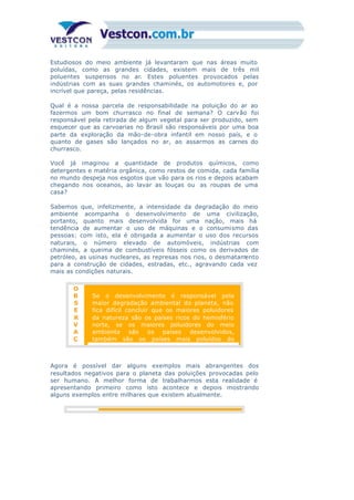 Estudiosos do meio ambiente já levantaram que nas áreas muito
poluídas, como as grandes cidades, existem mais de três mil
poluentes suspensos no ar. Estes poluentes provocados pelas
indústrias com as suas grandes chaminés, os automotores e, por
incrível que pareça, pelas residências.
Qual é a nossa parcela de responsabilidade na poluição do ar ao
fazermos um bom churrasco no final de semana? O carvão foi
responsável pela retirada de algum vegetal para ser produzido, sem
esquecer que as carvoarias no Brasil são responsáveis por uma boa
parte da exploração da mão-de-obra infantil em nosso país, e o
quanto de gases são lançados no ar, ao assarmos as carnes do
churrasco.
Você já imaginou a quantidade de produtos químicos, como
detergentes e matéria orgânica, como restos de comida, cada família
no mundo despeja nos esgotos que vão para os rios e depois acabam
chegando nos oceanos, ao lavar as louças ou as roupas de uma
casa?
Sabemos que, infelizmente, a intensidade da degradação do meio
ambiente acompanha o desenvolvimento de uma civilização,
portanto, quanto mais desenvolvida for uma nação, mais há
tendência de aumentar o uso de máquinas e o consumismo das
pessoas: com isto, ela é obrigada a aumentar o uso dos recursos
naturais, o número elevado de automóveis, indústrias com
chaminés, a queima de combustíveis fósseis como os derivados de
petróleo, as usinas nucleares, as represas nos rios, o desmatamento
para a construção de cidades, estradas, etc., agravando cada vez
mais as condições naturais.
O
B
S
E
R
V
A
Ç
Se o desenvolvimento é responsável pela
maior degradação ambiental do planeta, não
fica difícil concluir que os maiores poluidores
da natureza são os países ricos do hemisfério
norte, se os maiores poluidores do meio
ambiente são os países desenvolvidos,
também são os países mais poluídos do
Agora é possível dar alguns exemplos mais abrangentes dos
resultados negativos para o planeta das poluições provocadas pelo
ser humano. A melhor forma de trabalharmos esta realidade é
apresentando primeiro como isto acontece e depois mostrando
alguns exemplos entre milhares que existem atualmente.
 