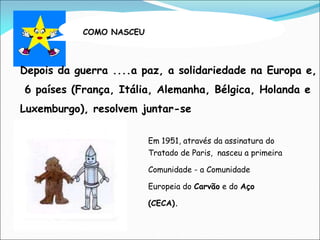 COMO NASCEU
Em 1951, através da assinatura do
Tratado de Paris, nasceu a primeira
Comunidade - a Comunidade
Europeia do Carvão e do Aço
(CECA).
Depois da guerra ....a paz, a solidariedade na Europa e,
6 países (França, Itália, Alemanha, Bélgica, Holanda e
Luxemburgo), resolvem juntar-se
 