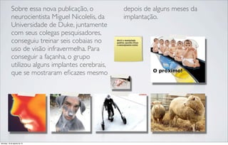 Sobre essa nova publicação, o
neurocientista Miguel Nicolelis, da
Universidade de Duke, juntamente
com seus colegas pesquisadores,
conseguiu treinar seis cobaias no
uso de visão infravermelha. Para
conseguir a façanha, o grupo
utilizou alguns implantes cerebrais,
que se mostraram eﬁcazes mesmo
depois de alguns meses da
implantação.
dicutir a manipulação
genética, questões éticas
e conscequencias sociais
domingo, 18 de agosto de 13
 