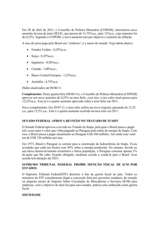 Em 20 de abril de 2011, o Conselho de Política Monetária (COPOM), determinou novo
aumento da taxa de juros SELIC, que passou de 11,75%a.a., para 12%a.a., cujo aumento foi
de 0,25%. Segundo o COPOM, o novo aumento tem por objetivo o controle da inflação.
A taxa de juros paga pelo Brasil aos "credores", é a maior do mundo. Veja tabela abaixo:
• Estados Unidos - 0,25%a.a.;
• Suíça - 0,25%a.a.;
• Inglaterra - 0,50%a.a.:
• Canadá - 1,00%a.a.;
• Banco Central Europeu - 1,25%a.a.;
• Austrália - 4,75%a.a..
Dados atualizados até 06/06/11.
Complemento: Nesta quarta-feira (08/06/11), o Conselho de Política Monetária (COPOM)
aprovou um novo aumento de 0,25% na taxa Selic, com isso, o seu valor atual passou para
12,25%a.a.. Esse já é o quarto aumento aprovado sobre a taxa Selic em 2011.
Novo complemento: Em 20/07/11, a taxa selic sofreu um novo reajuste, passando de 12,25
a.a., para 12,5% a.a.. Este é o quinto aumento ocorrido na taxa selic em 2011.
SENADO FEDERAL APROVA REVISÃO NO TRATADO DE ITAIPU
O Senado Federal aprovou a revisão no Tratado de Itaipu, pela qual o Brasil passa a pagar
três vezes mais o valor que vinha pagando ao Paraguai pela sobra de energia de Itaipu. Com
isso, o Brasil passa a pagar anualmente ao Paraguai US$ 360 milhões. Até então esse valor
era de US$ 120 milhões por ano.
Em 1973, Brasil e Paraguai se uniram para a construção da hidroelétrica de Itaipu. Ficou
acordado que cada um ficaria com 50% sobre a energia produzida. No entanto, devido ao
seu baixo desenvolvimento econômico e baixa população, o Paraguai consome apenas 5%
da parte que lhe cabe, ficando obrigado, mediante acordo a vendê-la para o Brasil. Esse
acordo tem duração até 2023.
SUPREMO TRIBUNAL FEDERAL PROÍBE ISENÇÃO FISCAL DE ICM POR
ESTADOS
O Supremo Tribunal Federal(STF) decretou o fim da guerra fiscal no país. Todos os
ministros do STF consideraram ilegal a concessão feita por governos estaduais, de isenção
ou aliquota menor de Imposto Sobre Circulação de Mercadorias e Serviços (ICM) para
empresas, com o objetivo de atraí-las para seus estados, prática esta conhecida como guerra
fiscal.
SOCIEDADE
 