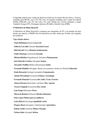 O deputado federal mais votado do Brasil foi Francisco Everardo Oliveira Silva, o Tiririca,
candidato pelo PR-SP, com 1.353.766 votos. O segundo candidato mais votado foi Gabriel
Chalita (PSB-SP), com 557 mil votos. Os votos obtidos por Tiririca ajudaram a eleger
Vanderlei Siraque (PT), Protógenes Queiroz (PCdoB) e Otoniel Lima (PRB).
O Ministério de Dilma Rousseff
O Ministério de Dilma Rousseff é composto por integrantes do PT e de partidos da base
aliada, em especial, o PMDB. São 38 ministérios no total, sendo que 10 deles são ocupados
por mulheres.
Veja relação abaixo:
· Cleisi Hoffmann Direito Casa Civil
· Gilberto Carvalho Filósofo Secretário Geral
· Ideli Salvatti Física Relações Institucionais
· Guido Mantega Economista Fazenda
· Miriam Belchior Engenharia de Alimentos Planejamento
. José Eduardo Cardoso Advogado Justiça
. Alexandre Padilha Médico infectologista Saúde
· Fernando Haddad Advogado, Mestre em economia e doutor em filosofia Educação
· Paulo Bernardo Geologia incompleto Comunicações
· Aloizio Mercadante Economia Ciência e Tecnologia
· Fernando Pimentel Economia Des. Indl. e Com. Exterior
· Afonso Florence Historiador e professor Des. Agrário
· Tereza Campello Economista Des. Social
· Luiz Sérgio Delineador Pesca
· Maria do Rosário Professora Direitos Humanos
· Iriny Lopes Política para as mulheres
· Luiza Bairros Sociologia Igualdade racial
· Wagner Rossi Advogado e Administrador Agricultura
· Edison Lobão Jornalista Minas e Energia
· Nelson Jobin Advogado Defesa
 