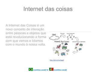 Internet das coisas
A Internet das Coisas é um
novo conceito de interação
entre pessoas e objetos que
está revolucionando a forma
com que vemos e lidamos
com o mundo à nossa volta.
http://bit.ly/1ozQpgD
 
