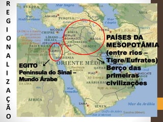 R
E
G
I
O
N
A
L
I
Z
A
Ç
Ã
O
PAÍSES DA
MESOPOTÂMIA
(entre rios –
Tigre/Eufrates)
Berço das
primeiras
civilizações
EGITO
Península do Sinai –
Mundo Árabe
 