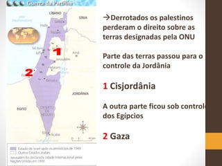 Derrotados os palestinos
perderam o direito sobre as
terras designadas pela ONU
Parte das terras passou para o
controle da Jordânia
1 Cisjordânia
A outra parte ficou sob controle
dos Egípcios
2 Gaza
 