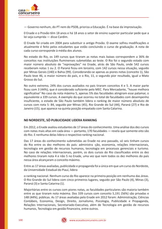 www.acasadoconcurseiro.com.br100
— Governo nenhum, do PT nem do PSDB, prioriza a Educação. É na base da improvisação.
0 Enade e o Provão têm 18 anos e há 18 anos o setor de ensino superior particular pede que a
lei seja cumprida — disse Cardim.
O Enade foi criado em 2004 para substituir o antigo Provão. O exame sofreu modificações e
atualmente é feito pelos estudantes que estão concluindo o curso de graduação. A nota de
cada curso corresponde à média dos alunos.
No estado do Rio, os 149 cursos que tiraram as notas mais baixas correspondem a 36% de
conceitos nas instituições fluminenses submetidas ao teste. O Rio foi o segundo estado com
maior número absoluto de "reprovações" no Enade, atrás de São Paulo, onde 542 cursos
receberam notas 1 ou 2. O Paraná ficou em terceiro, com 142 cursos nessa situação, seguido
por Minas Gerais (140) e Bahia (99). Considerando-se apenas as piores notas (conceito 1), São
Paulo teve 46, o maior número do país, e o Rio, 11, o segundo pior resultado, igual a Mato
Grosso do Sul.
No outro extremo, 24% dos cursos avaliados no pais tiraram conceitos 4 e 5. A maior parte
ficou com 3 (44%), que é considerado suficiente pelo MEC. Para Mercadante, "houve melhora
significativa" No caso da nota máxima 5, apenas 5% das faculdades atingiram esse patamar, o
equivalente a 339 cursos. A exemplo do que ocorreu no total de faculdades com desempenho
insuficiente, o estado de São Paulo também lidera o ranking de maior número absoluto de
cursos com nota 5: 84, seguido por Minas (45), Rio Grande do Sul (44), Paraná (27) e Rio de
Janeiro (15), que aparece na quinta posição empatado com Santa Catarina.
N0 NORDESTE, SÓ PUBLICIDADE LIDERA RANKING
Em 2012, o Enade avaliou estudantes de 17 áreas do conhecimento. Uma análise dos dez cursos
com notas mais altas em cada área — portanto, 170 faculdades — revela que somente oito são
do Rio. E nenhuma delas lidera o respectivo ranking nacional.
Das 17 áreas do conhecimento submetidas ao Enade no ano passado, só seis tinham cursos
do Rio entre os dez melhores do país: administra -ção, economia, relações internacionais,
tecnologia em gestão de recursos humanos, tecnologia em processos gerenciais e turismo.
No caso de relações internacionais, porém, os dois cursos do Rio classificados entre os dez
melhores tiraram nota 4 e não 5 no Enade, uma vez que nem todos os dez melhores do país
nessa área alcançaram o conceito máximo.
Entre as 17 áreas avaliadas, publicidade e propaganda foi a única em que um curso do Nordeste,
da Universidade Estadual do Piauí, lidera
o ranking nacional. Nenhum curso do Rio aparece na primeira posição em nenhuma das áreas.
O Rio Grande do Sul lidera com cinco primeiros lugares, seguido por São Paulo (4), Minas (3),
Paraná (3) e Santa Catarina (1).
Majoritárias entre os cursos com piores notas, as faculdades particulares são maioria também
entre as que tiraram nota máxima. Dos 339 cursos com conceito 5,191 (56%) são privadas e
148 (44%), públicas. As 17 áreas avaliadas pelo Enade em 2012 foram: Administração, Ciências
Contábeis, Economia, Design, Direito, Jornalismo, Psicologia, Publicidade e Propaganda,
Relações Internacionais, Secretariado-Executivo, além de Tecnologia em gestão de recursos
humanos, Tecnologia em gestão financeira, entre outros.
 