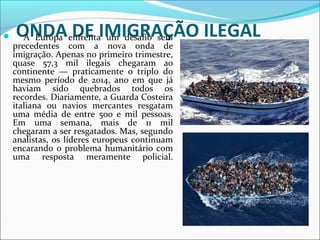 ONDA DE IMIGRAÇÃO ILEGAL A Europa enfrenta um desafio sem
precedentes com a nova onda de
imigração. Apenas no primeiro trimestre,
quase 57,3 mil ilegais chegaram ao
continente — praticamente o triplo do
mesmo período de 2014, ano em que já
haviam sido quebrados todos os
recordes. Diariamente, a Guarda Costeira
italiana ou navios mercantes resgatam
uma média de entre 500 e mil pessoas.
Em uma semana, mais de 11 mil
chegaram a ser resgatados. Mas, segundo
analistas, os líderes europeus continuam
encarando o problema humanitário com
uma resposta meramente policial.
 
