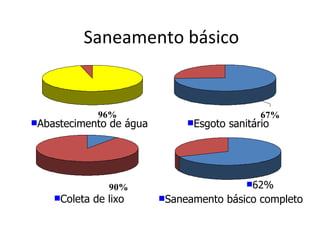 Saneamento básico Abastecimento de água Coleta de lixo Saneamento básico completo Esgoto sanitário 62% 