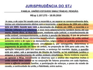 FAM Í LIA. UNIÕES EST Á VEIS SIMULTÂNEAS. PENSÃO . REsp 1.157.273  –  18.05.2010  In casu , o  de cujus  foi casado com a recorrida e, ao separar-se consensualmente dela, iniciou um relacionamento afetivo com a recorrente, o qual durou de 1994 até o óbito dele em 2003. Sucede que, com a decretação do divórcio em 1999, a recorrida e o falecido voltaram a se relacionar, e esse novo relacionamento também durou até sua morte. Diante disso, as duas buscaram, mediante ação judicial, o reconhecimento de união estável, consequentemente, o direito à pensão do falecido.  O juiz de primeiro grau, entendendo haver elementos inconfundíveis caracterizadores de união estável existente entre o  de cujus  e as demandantes, julgou ambos os pedidos procedentes, reconhecendo as uniões estáveis simultâneas e, por conseguinte, determinou o pagamento da pensão em favor de ambas, na proporção de 50% para cada uma. Na apelação interposta pela ora recorrente, a sentença foi mantida.  Assim, a questão está em saber, sob a perspectiva do Direito de Família, se há viabilidade jurídica a amparar o reconhecimento de uniões estáveis simultâneas.  Nesta instância especial, ao apreciar o REsp, inicialmente se observou que a análise dos requisitos ínsitos à união estável deve centrar-se na conjunção de fatores presentes em cada hipótese, como a  affectio societatis  familiar, a participação de esforços, a posse do estado de casado, a continuidade da união, a fidelidade, entre outros.   JURISPRUDÊNCIA DO STJ 