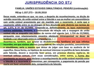 FAM Í LIA. UNIÕES EST Á VEIS SIMULTÂNEAS. PENSÃO (continua ç ão) .  REsp 1.157.273  –  18.05.2010 Desse modo, entendeu-se que, no caso, a despeito do reconhecimento, na dicção do acórdão recorrido, da união estável entre o falecido e sua ex-mulher em concomitância com união estável preexistente por ele mantida com a recorrente, é certo que o casamento válido entre os ex-cônjuges já fora dissolvido pelo divórcio nos termos do art. 1.571, § 1º, do CC/2002, rompendo-se, definitivamente, os laços matrimoniais outrora existentes.  Destarte, a continuidade da relação sob a roupagem de união estável não se enquadra nos moldes da norma civil vigente (art. 1.724 do CC/2002),  porquanto esse relacionamento encontra obstáculo intransponível no dever de lealdade a ser observado entre os companheiros.  (...) Assentou-se, também, que ignorar os desdobramentos familiares em suas infinitas incursões, em que núcleos afetivos justapõem-se, em relações paralelas, concomitantes e simultâneas, seria o mesmo que deixar de julgar com base na ausência de lei específica. Dessa forma, na hipótese de eventual interesse na partilha de bens deixados pelo falecido, deverá a recorrida fazer prova, em processo diverso, repita-se, de eventual esforço comum. Com essas considerações, entre outras,  a Turma deu provimento ao recurso, para declarar o reconhecimento da união estável mantida entre o falecido e a recorrente e determinar, por conseguinte, o pagamento da pensão por morte em favor unicamente dela, companheira do falecido.   JURISPRUDÊNCIA DO STJ 