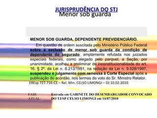 Menor sob guarda EREsp 727.716-CE – Rel. Min.  CELSO LIMONGI  – DJ 10.02.2010  JURISPRUDÊNCIA DO STJ MENOR SOB GUARDA. DEPENDENTE PREVIDENCIÁRIO. Em questão de ordem suscitada pelo Ministério Público Federal  sobre a exclusão de menor sob guarda da condição de dependente do segurado , amplamente refutada nos juizados especiais federais, como alegado pelo  parquet , a Seção, por unanimidade, acolheu a preliminar de inconstitucionalidade do art. 16, § 2º, da Lei n. 8.213/1991, na redação da Lei n. 9.528/1997,  suspendeu o julgamento com remessa à Corte Especial  após a publicação do acórdão, nos termos do voto do Sr. Ministro Relator. FASE ATUAL: Entrada em GABINETE DO DESEMBARGADOR CONVOCADO DO TJ/SP CELSO LIMONGI em 14/07/2010 
