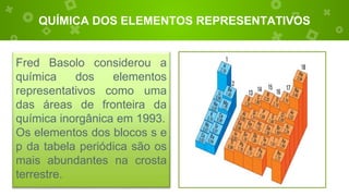 QUÍMICA DOS ELEMENTOS REPRESENTATIVOS
Fred Basolo considerou a
química dos elementos
representativos como uma
das áreas de fronteira da
química inorgânica em 1993.
Os elementos dos blocos s e
p da tabela periódica são os
mais abundantes na crosta
terrestre.
×elementos
representativos
 
