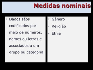 Medidas nominais Dados sãos codificados por meio de números, nomes ou letras e associados a um grupo ou categoria Gênero Religião Etnia 