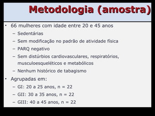 Metodologia (amostra) 66 mulheres com idade entre 20 e 45 anos Sedentárias Sem modificação no padrão de atividade física PARQ negativo Sem distúrbios cardiovasculares, respiratórios, musculoesqueléticos e metabólicos Nenhum histórico de tabagismo Agrupadas em: GI: 20 a 25 anos, n = 22 GII: 30 a 35 anos, n = 22 GIII: 40 a 45 anos, n = 22 