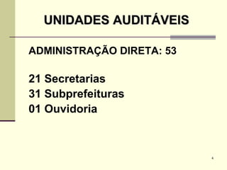 ADMINISTRAÇÃO DIRETA: 53 21 Secretarias 31 Subprefeituras 01 Ouvidoria UNIDADES AUDITÁVEIS 