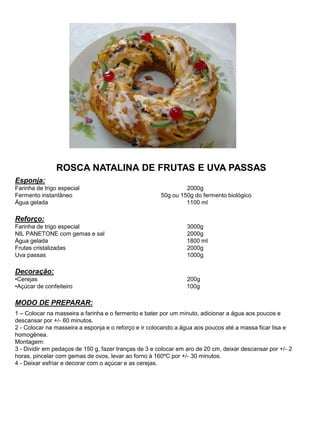 ROSCA NATALINA DE FRUTAS E UVA PASSAS
Esponja:
Farinha de trigo especial 2000g
Fermento instantâneo 50g ou 150g do fermento biológico
Água gelada 1100 ml
Reforço:
Farinha de trigo especial 3000g
NIL PANETONE com gemas e sal 2000g
Água gelada 1800 ml
Frutas cristalizadas 2000g
Uva passas 1000g
Decoração:
•Cerejas 200g
•Açúcar de confeiteiro 100g
MODO DE PREPARAR:
1 – Colocar na masseira a farinha e o fermento e bater por um minuto, adicionar a água aos poucos e
descansar por +/- 60 minutos.
2 - Colocar na masseira a esponja e o reforço e ir colocando a água aos poucos até a massa ficar lisa e
homogênea.
Montagem:
3 - Dividir em pedaços de 150 g, fazer tranças de 3 e colocar em aro de 20 cm, deixar descansar por +/- 2
horas, pincelar com gemas de ovos, levar ao forno à 160ºC por +/- 30 minutos.
4 - Deixar esfriar e decorar com o açúcar e as cerejas.
 
