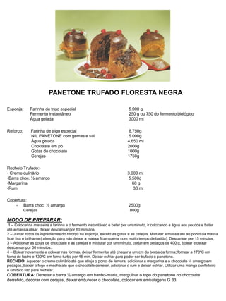 PANETONE TRUFADO FLORESTA NEGRA
Esponja: Farinha de trigo especial 5.000 g
Fermento instantâneo 250 g ou 750 do fermento biológico
Água gelada 3000 ml
Reforço: Farinha de trigo especial 8.750g
NIL PANETONE com gemas e sal 5.000g
Água gelada 4.650 ml
Chocolate em pó 2000g
Gotas de chocolate 1000g
Cerejas 1750g
Recheio Trufado:-
• Creme culinário 3.000 ml
•Barra choc. ½ amargo 5.500g
•Margarina 60 g
•Rum 30 ml
Cobertura:
- Barra choc. ½ amargo 2500g
Cerejas 800g
MODO DE PREPARAR:
1 – Colocar na masseira a farinha e o fermento instantâneo e bater por um minuto, ir colocando a água aos poucos e bater
até a massa alisar, deixar descansar por 60 minutos.
2 – Juntar todos os ingredientes do reforço na esponja, exceto as gotas e as cerejas. Misturar a massa até ao ponto da massa
ficar lisa e brilhante ( atenção para não deixar a massa ficar quente com muito tempo de batida). Descansar por 15 minutos.
3 – Adicionar as gotas de chocolate e as cerejas e misturar por um minuto, cortar em pedaços de 400 g, bolear e deixar
descansar por 30 minutos.
4 – Bolear novamente e colocar nas formas, deixar fermentar até chegar a um cm da borda da forma; fornear a 170ºC em
forno de lastro e 130ºC em forno turbo por 45 min. Deixar esfriar para poder ser trufado o panetone.
RECHEIO: Aquecer o creme culinário até que atinja o ponto de fervura, adicionar a margarina e o chocolate ½ amargo em
pedaços, baixar o fogo e mecha até que o chocolate derreter, adicionar o rum e deixar esfriar. Utilizar uma manga confeiteiro
e um bico liso para rechear.
COBERTURA: Derreter a barra ½ amargo em banho-maria, mergulhar o topo do panetone no chocolate
derretido, decorar com cerejas, deixar endurecer o chocolate, colocar em embalagens G 33.
 