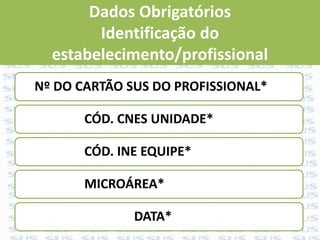 Dados Obrigatórios
Identificação do
estabelecimento/profissional
Nº DO CARTÃO SUS DO PROFISSIONAL*
CÓD. CNES UNIDADE*
CÓD. INE EQUIPE*
MICROÁREA*
DATA*
 